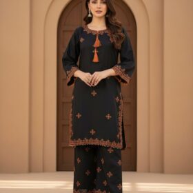 2 Pcs Women's Stitched Linen Embroidered Shirt And Trouser(mk)