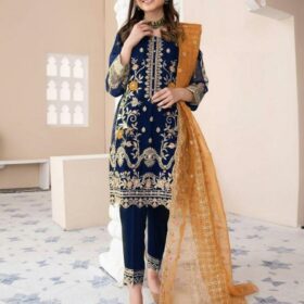 3 Pcs Women's Stitched Organza Embroidered Suit(mk)