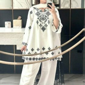 Women's Stitched Embroidered Linen Shirt and Trouser Set 2 Pcs(mk)