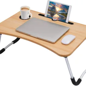 Laptop Table | Beige Color | Foldable Legs, Tablet Groove & Cup Slot | Perfect for Working, Reading, Writing, and Eating