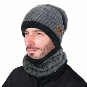 Winter Wool Cap with Neck Warmer Set | Thermal Beanie & Scarf Combo for Men and Women |  Gray